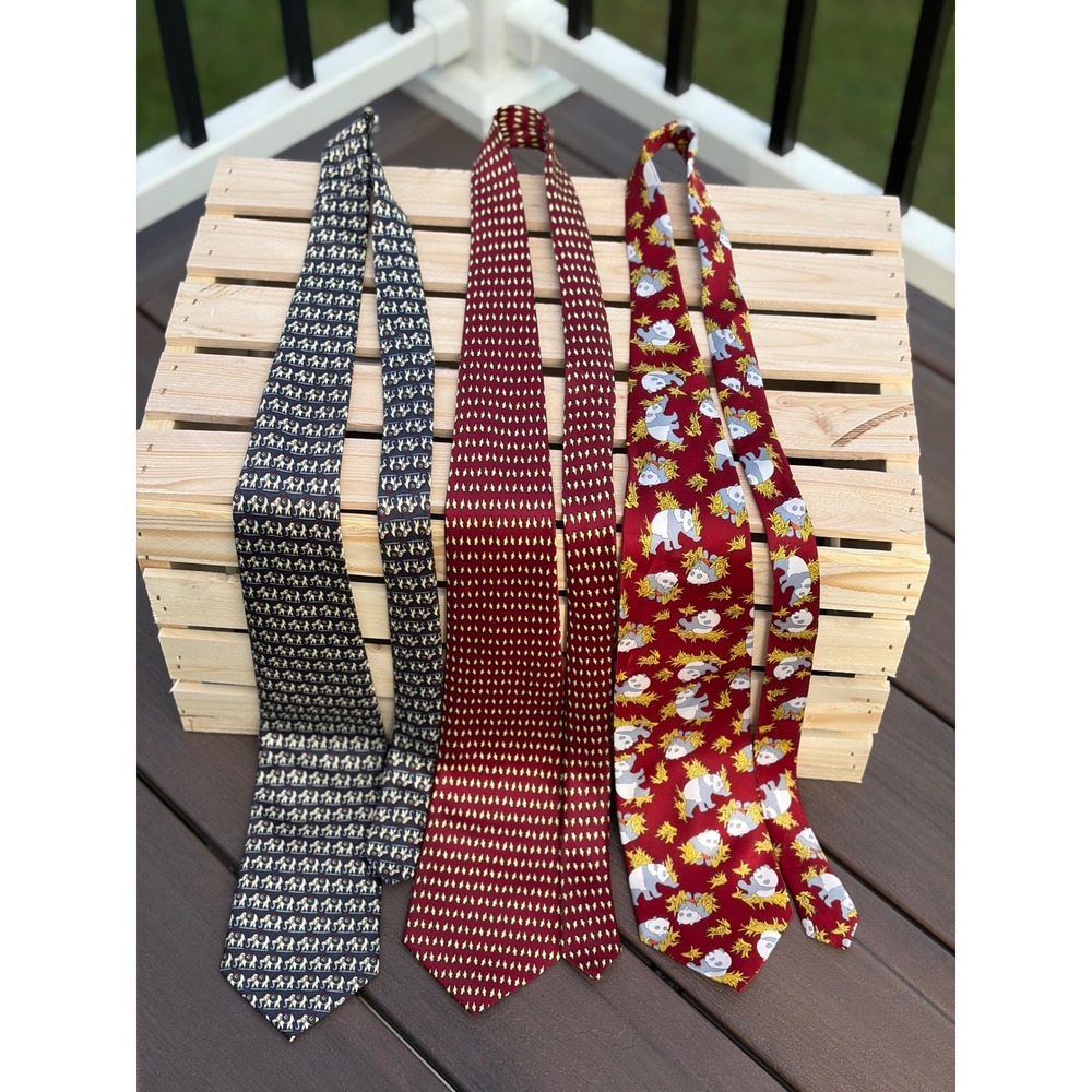Mens Silk Tie Bundle 3pc Rene Chagal Elephant Sette Bello Penguin Panda Handmade